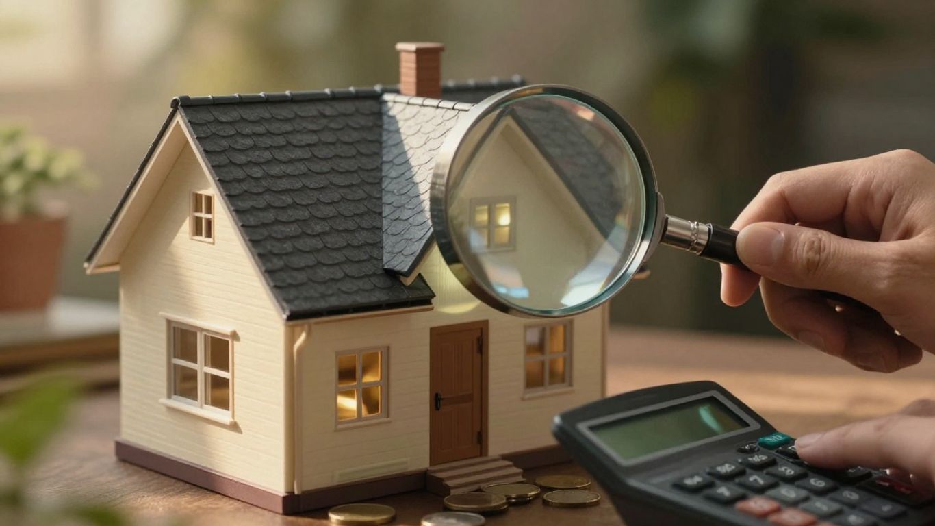 Casa con lupa y calculadora para seguro de hogar.