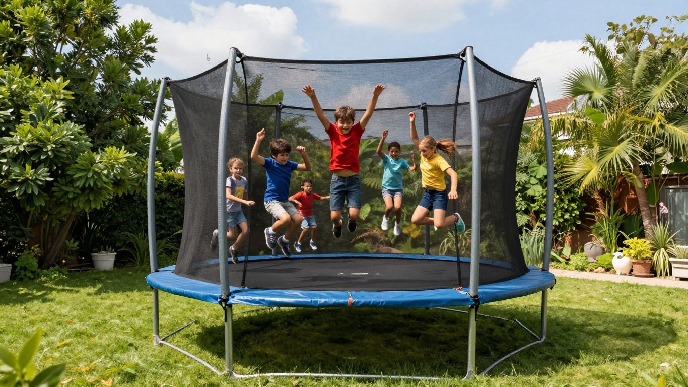 Children jumping on a backyard trampoline.