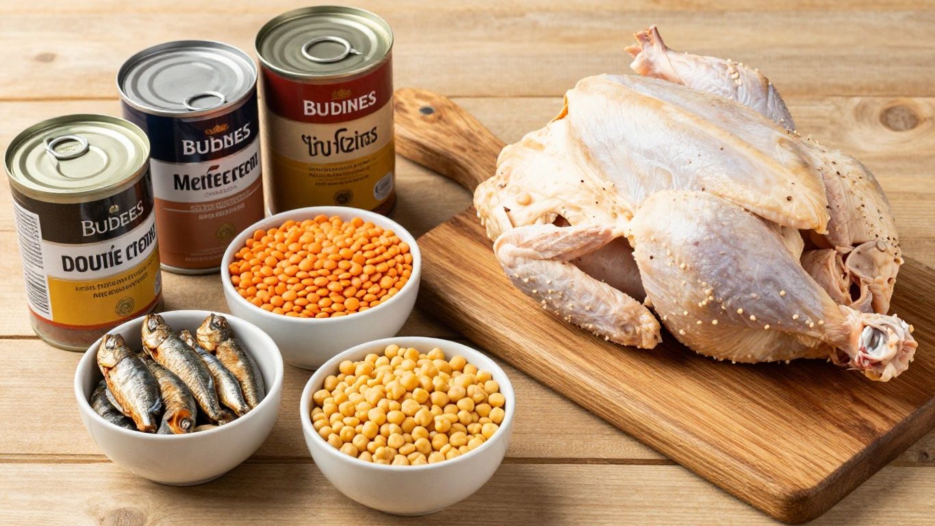 Assortment of budget proteins: canned fish, legumes, chicken.