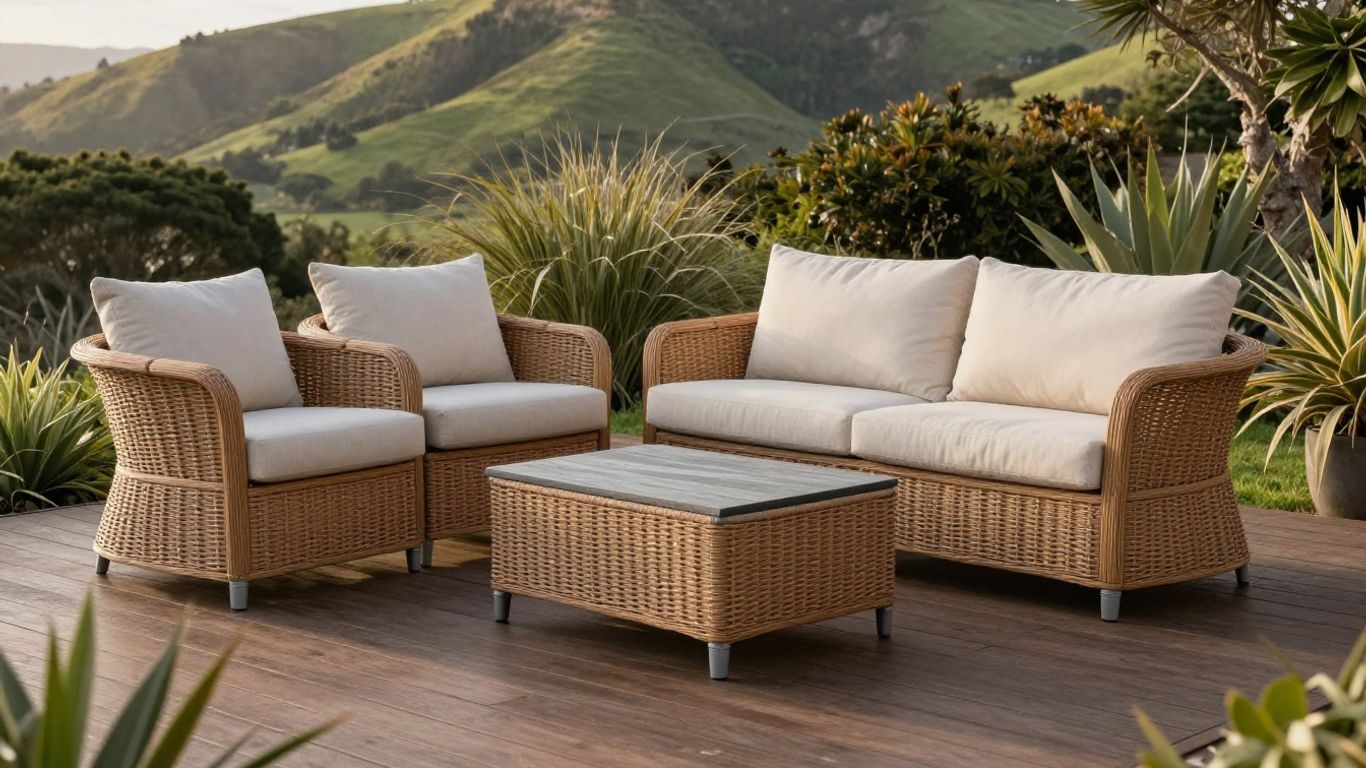 Outdoor furniture arranged on a sunny patio