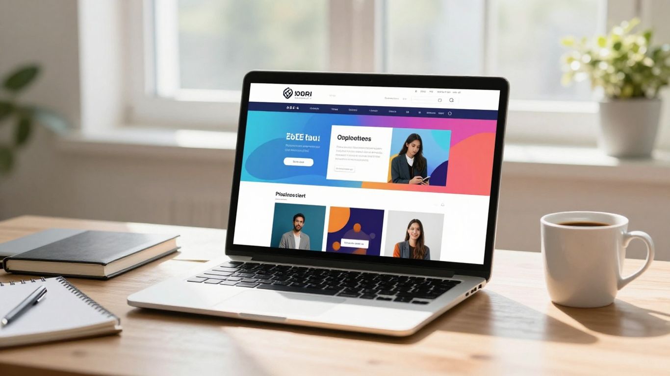 Laptop displaying affiliate website on a desk.