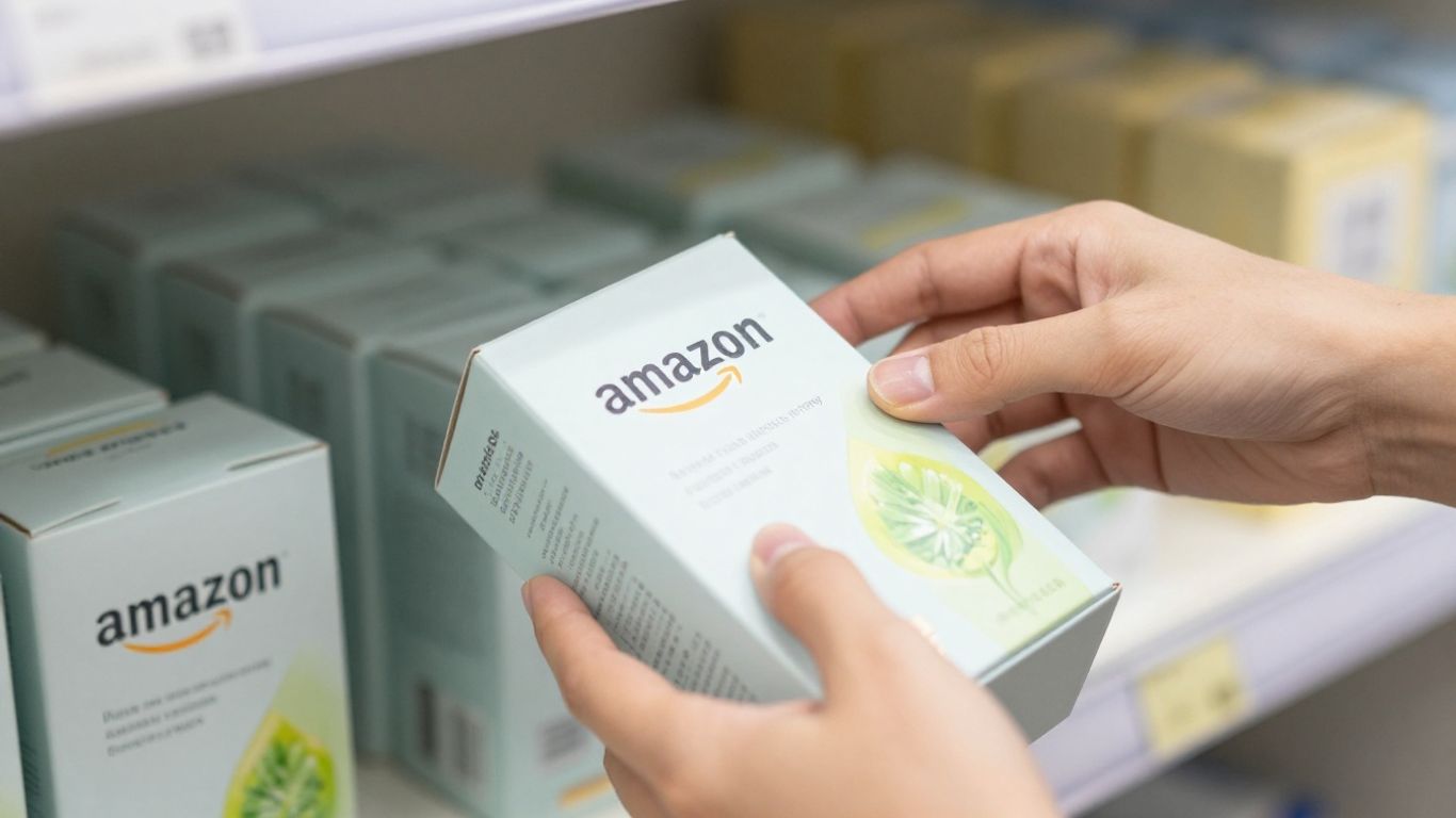 Hands arranging Amazon product boxes on a shelf.
