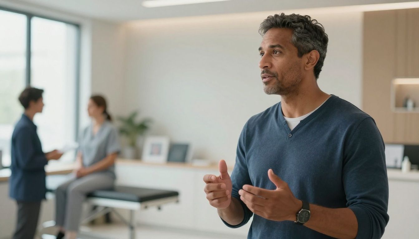 Realistic premium men’s health cover image showing a confident diverse man in his 40s speaking with a professional provider in an upscale modern clinic, subtle medical examination and wellness setting, natural lighting, polished but authentic, no text, no logos, no distorted hands, no extra limbs