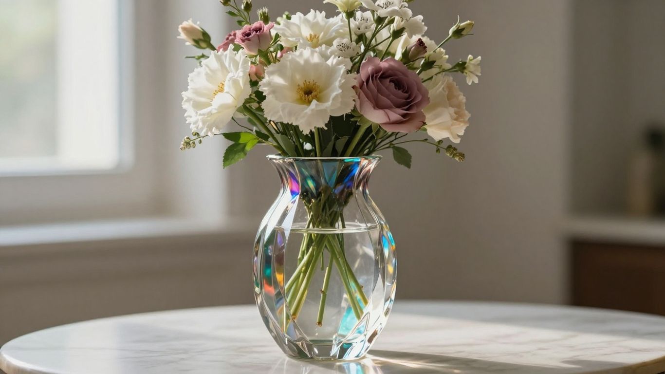 Elegant crystal vase with flowers, artistic decor.