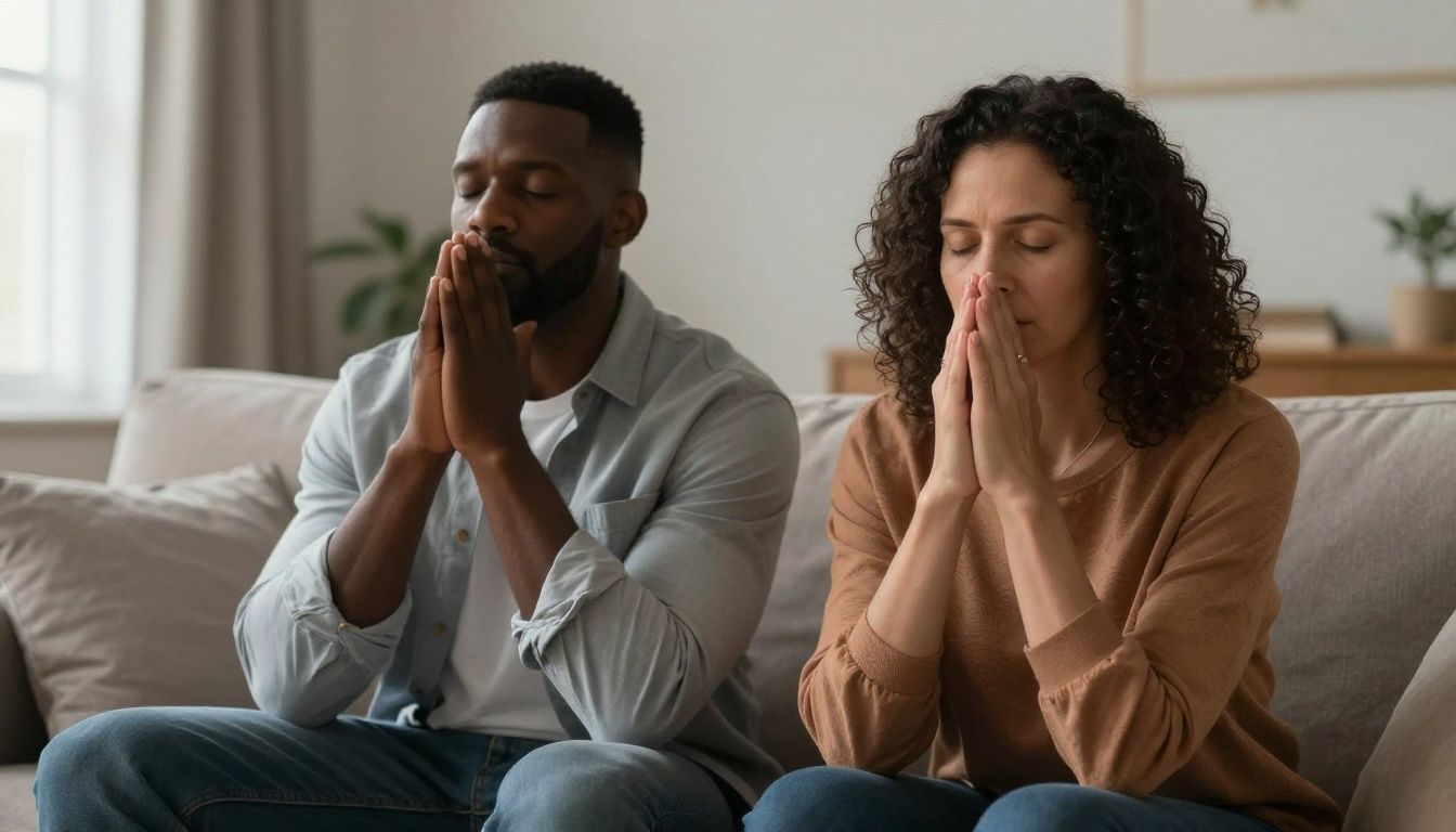 A middle-aged, diverse couple (a Black man and a White woman) sitting on a couch, holding hands and praying together with their eyes closed, with soft, warm light coming from a nearby window.