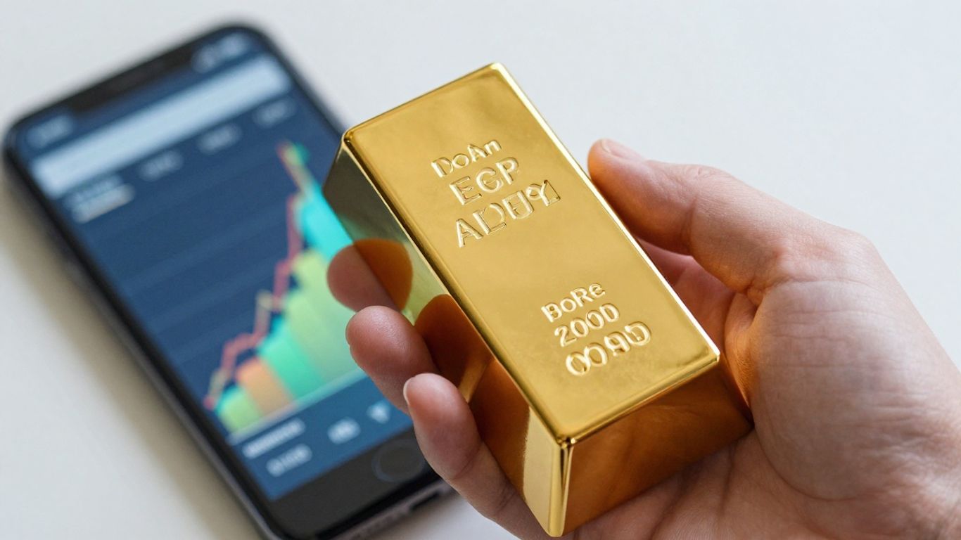 Gold bar and abstract financial growth on phone.