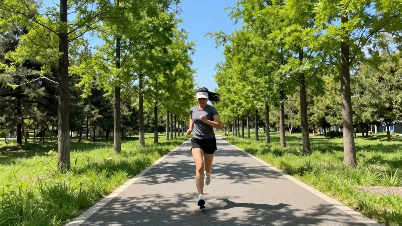 Pessoa correndo em um parque ensolarado.