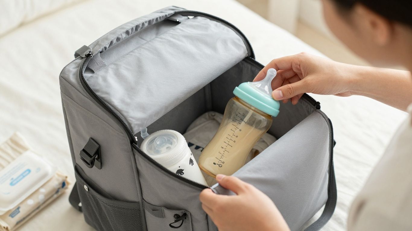 Parent checking a bottle inside a diaper bag