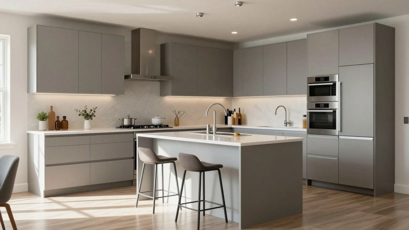 Modern kitchen remodel with island and appliances.