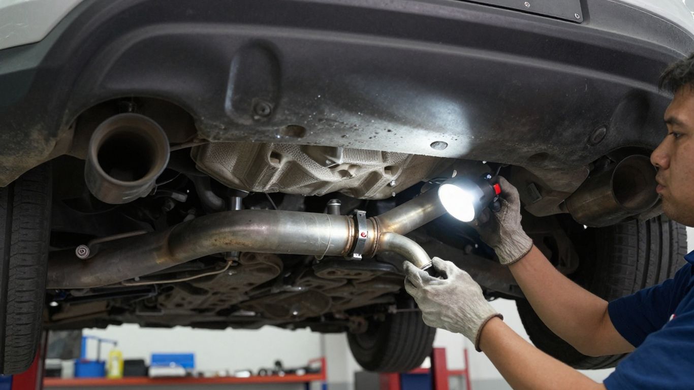 Mechanic inspecting exhaust joints under Mercedes