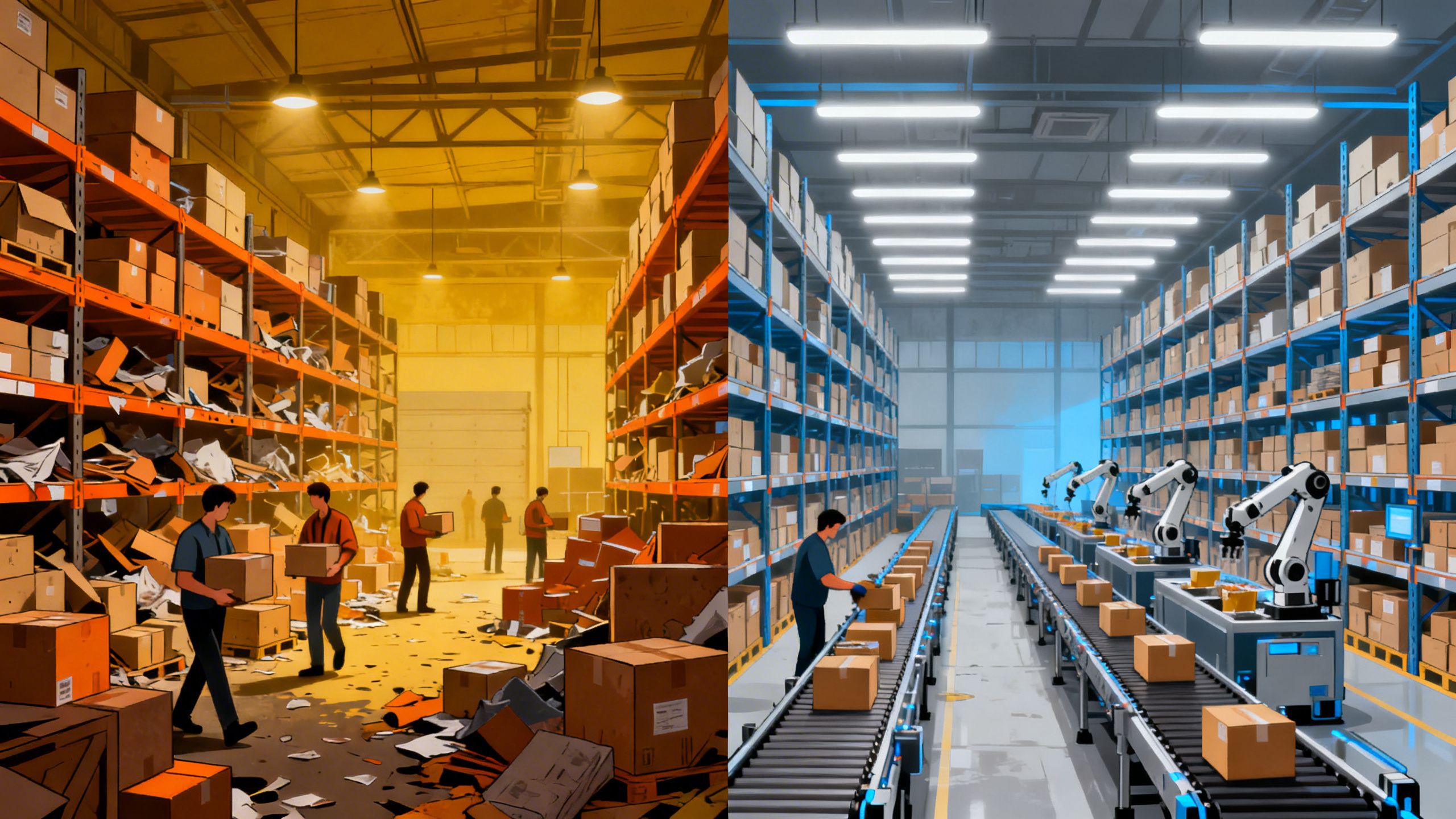 A split-screen image showing a chaotic warehouse on one side and an organized, automated warehouse on the other, illustrating the power of optimized inbound and outbound logistics.