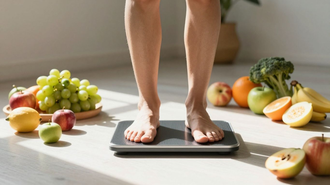 Person on scale with healthy food.