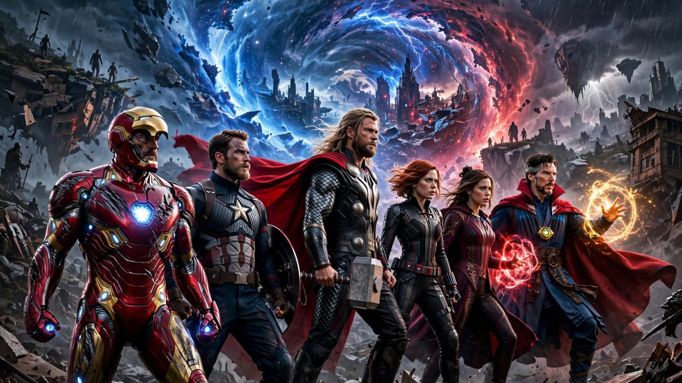 Superheroes gather before a glowing cosmic rift