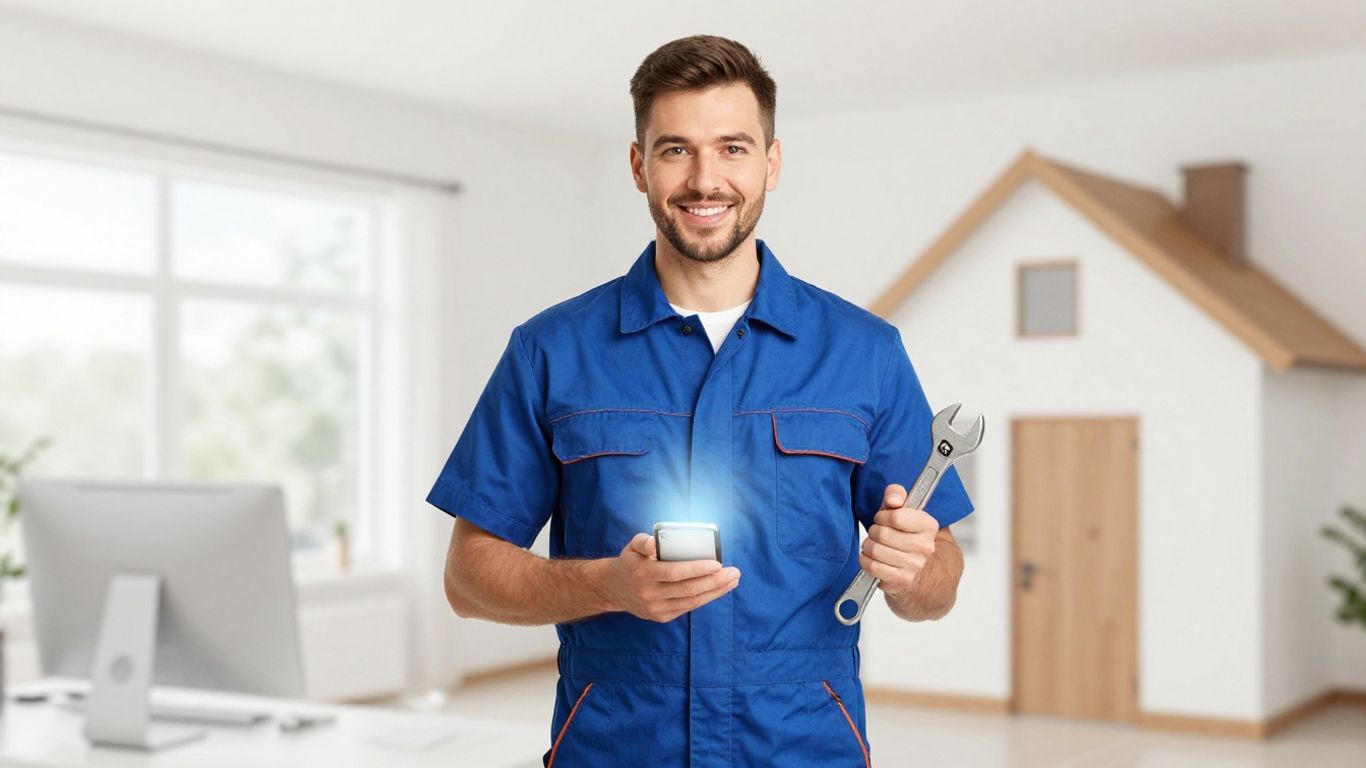 Plumber with wrench, modern house, and smartphone.