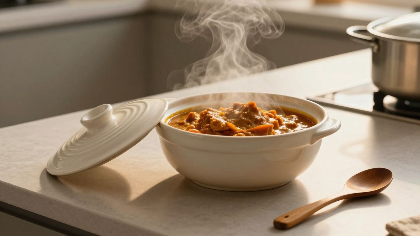Covered bowl of curry warming in microwave