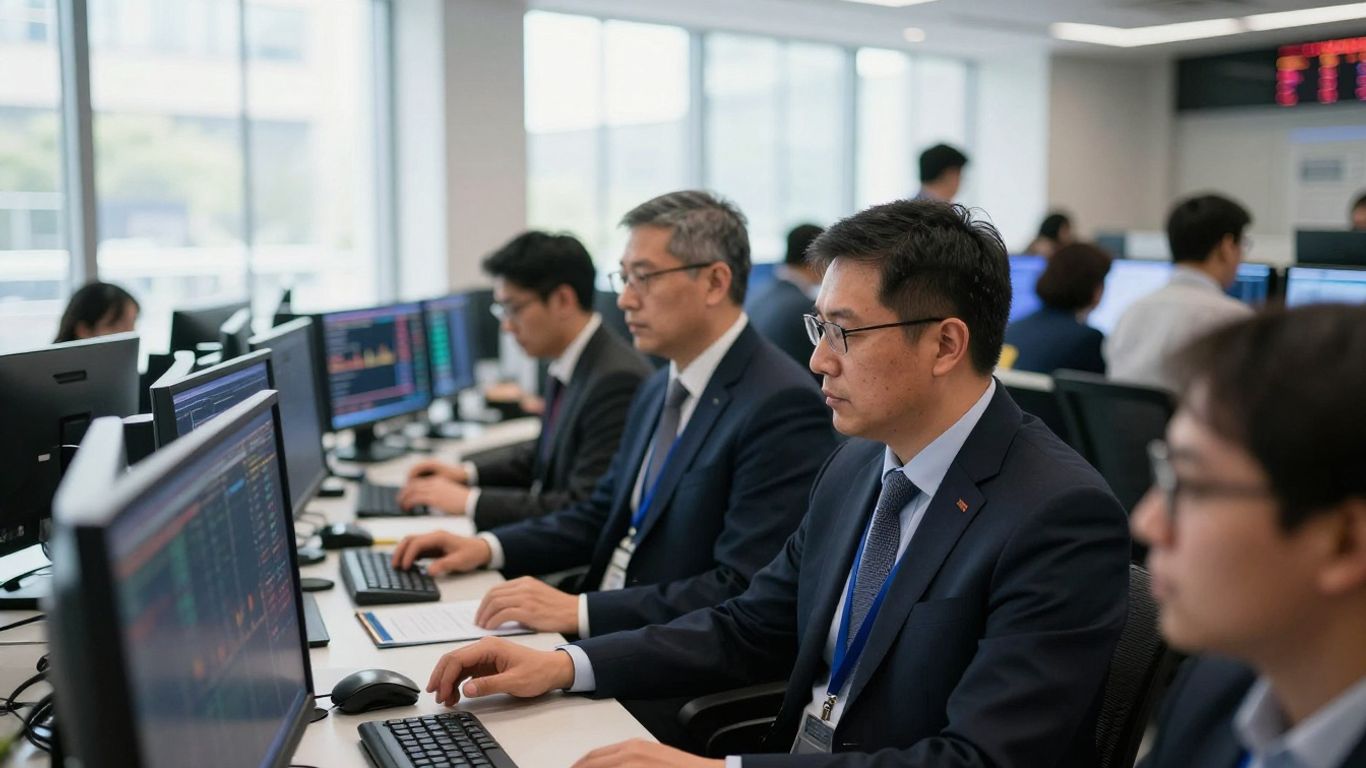 Forex trading floor with focused traders and sunlight.