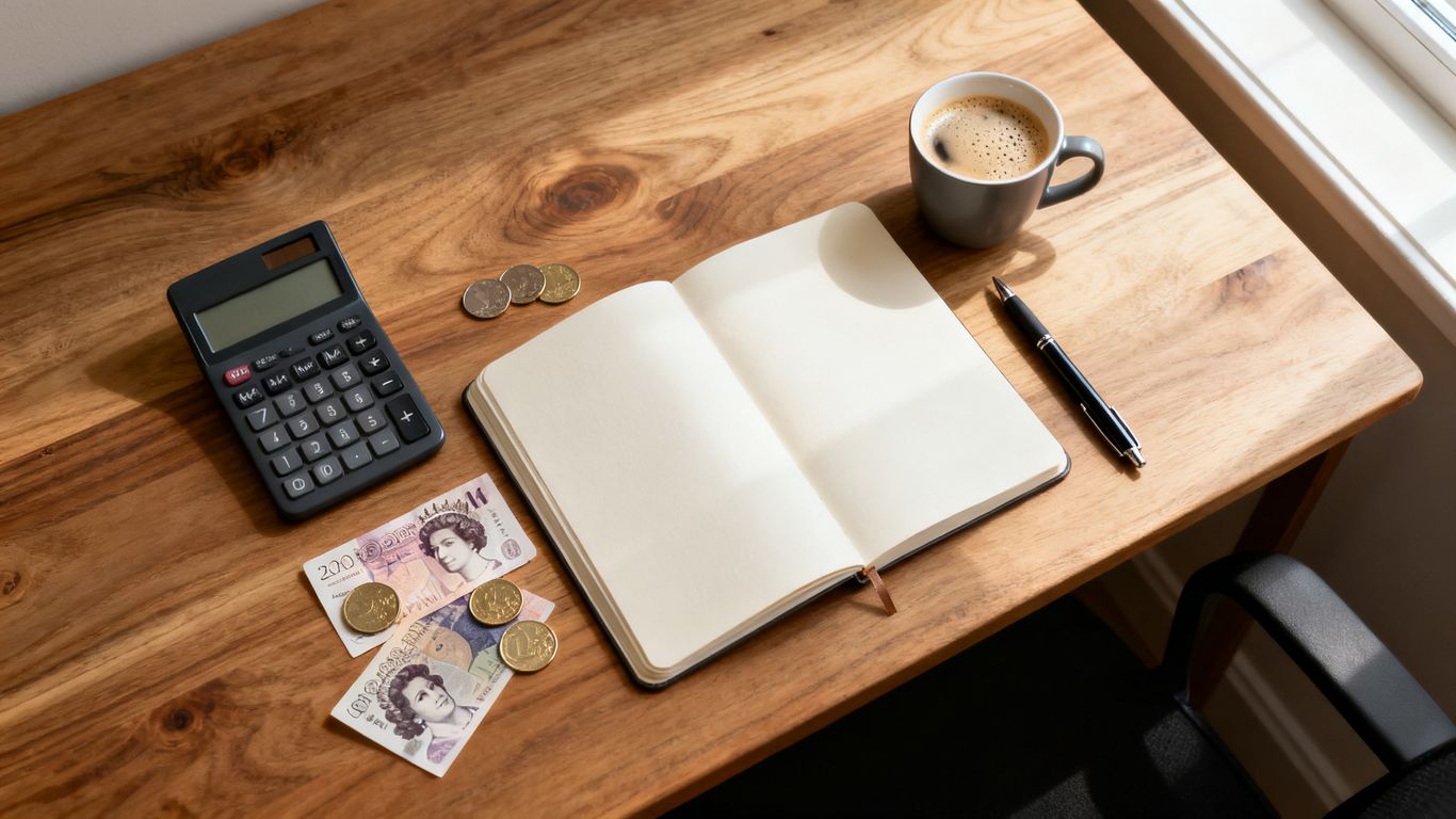 Calculator beside a notebook and currency coins
