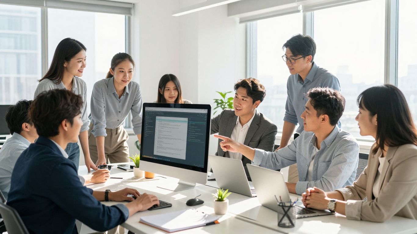 Team collaborating in a modern office setting.