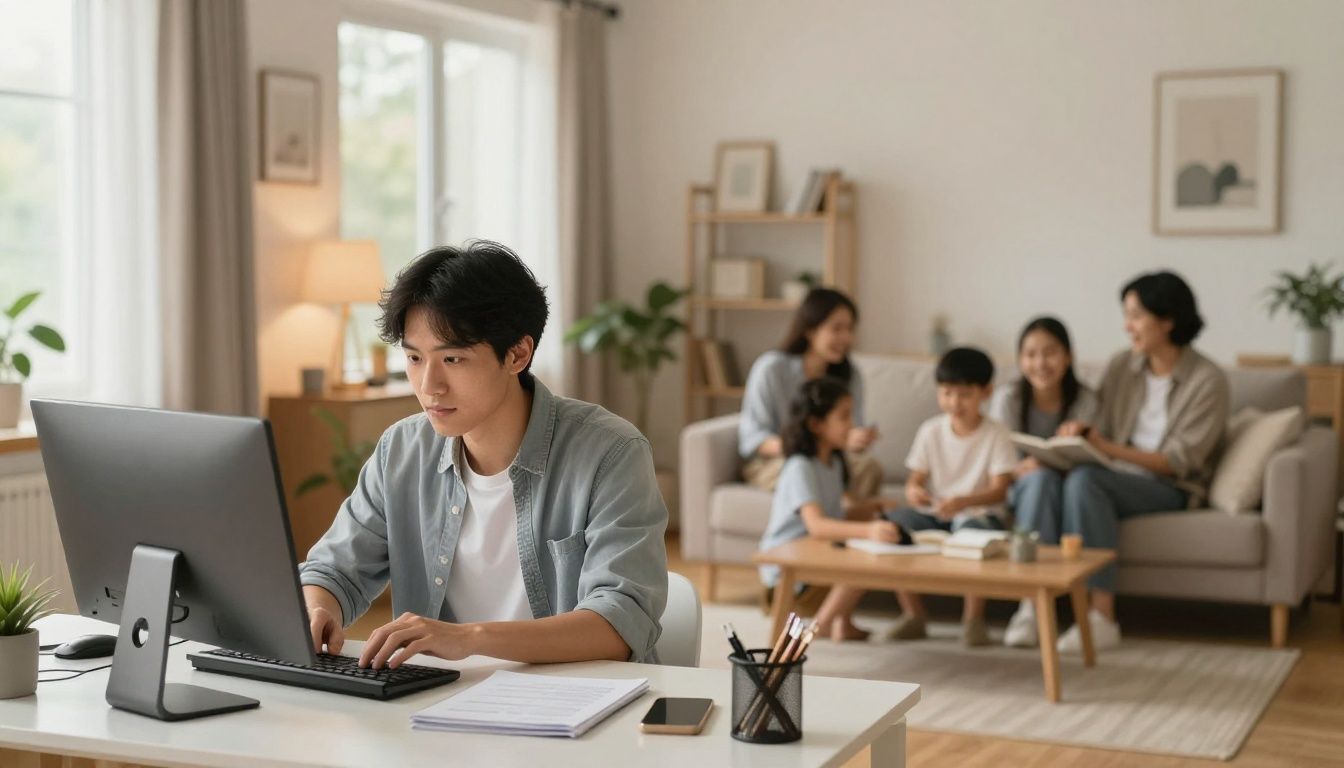 A split-view image showing a person working intently at a modern desk on one side, and the same person laughing and connecting with their family in a warm, cozy living room on the other side, symbolizing the integration of ambition and family life.