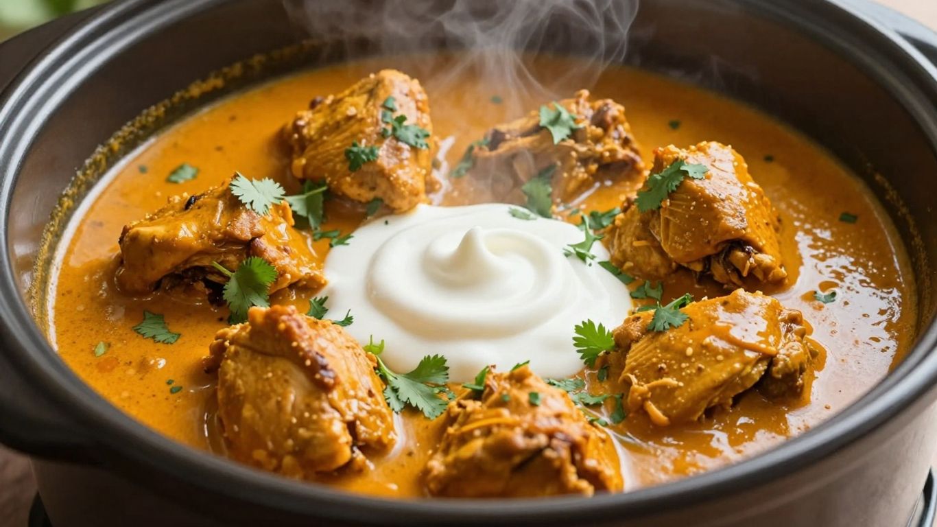 Slow cooker Indian curry chicken with cilantro garnish.