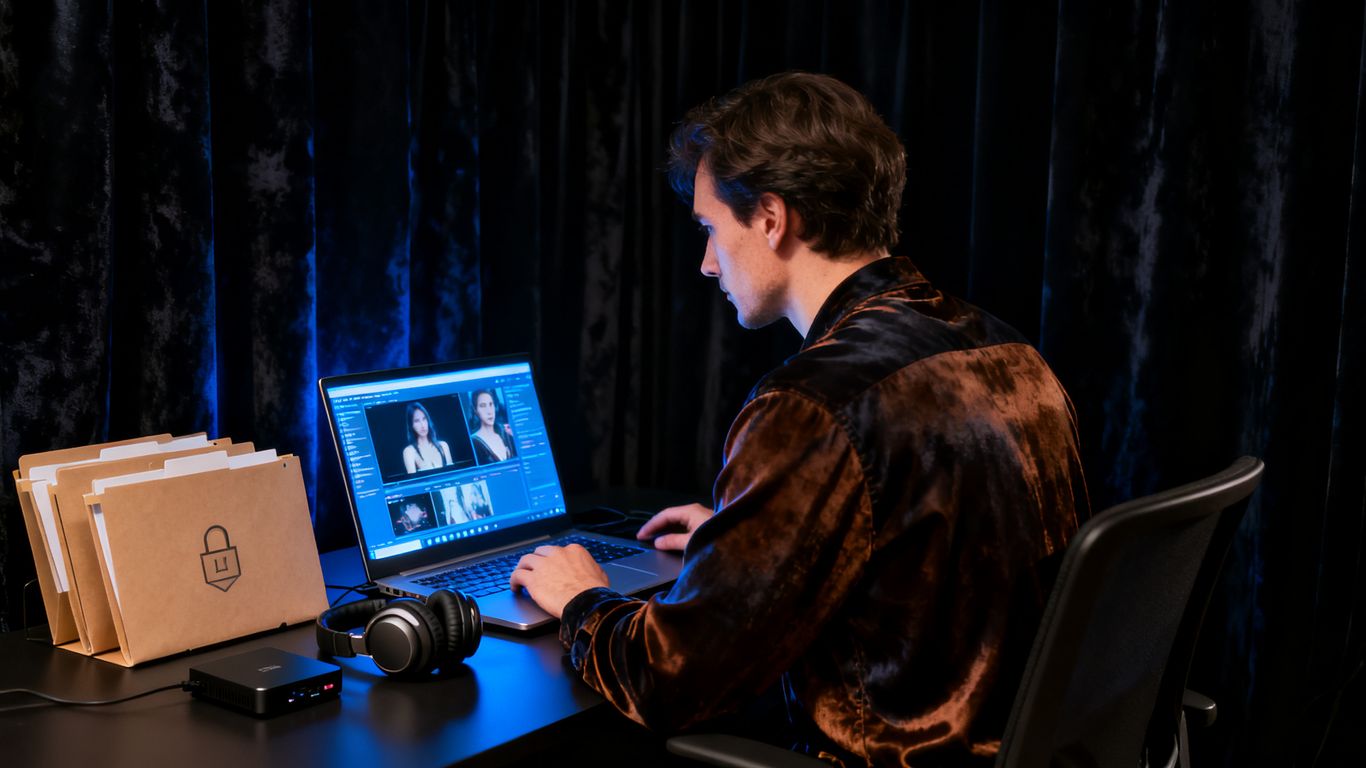 Private adult creator reviewing AI video files