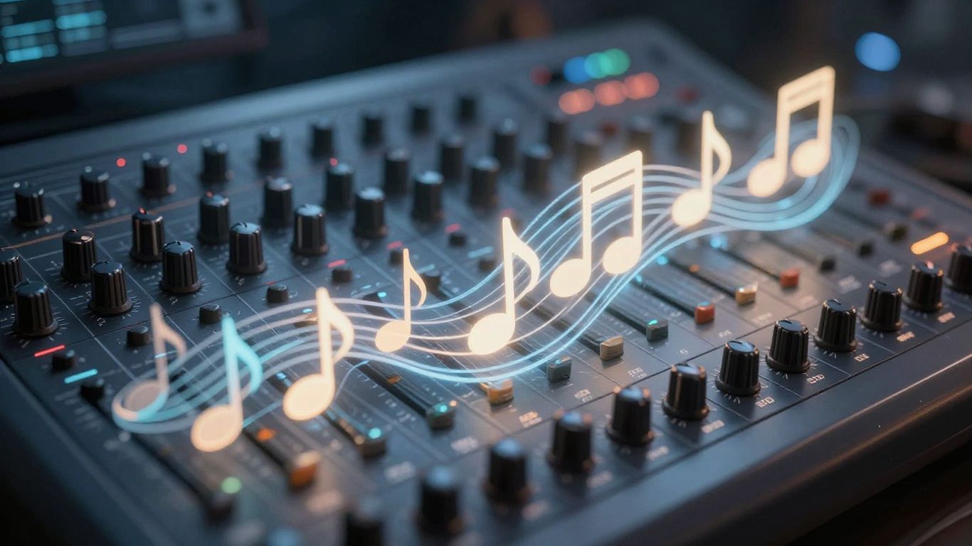 Futuristic sound mixing board with abstract musical notes.