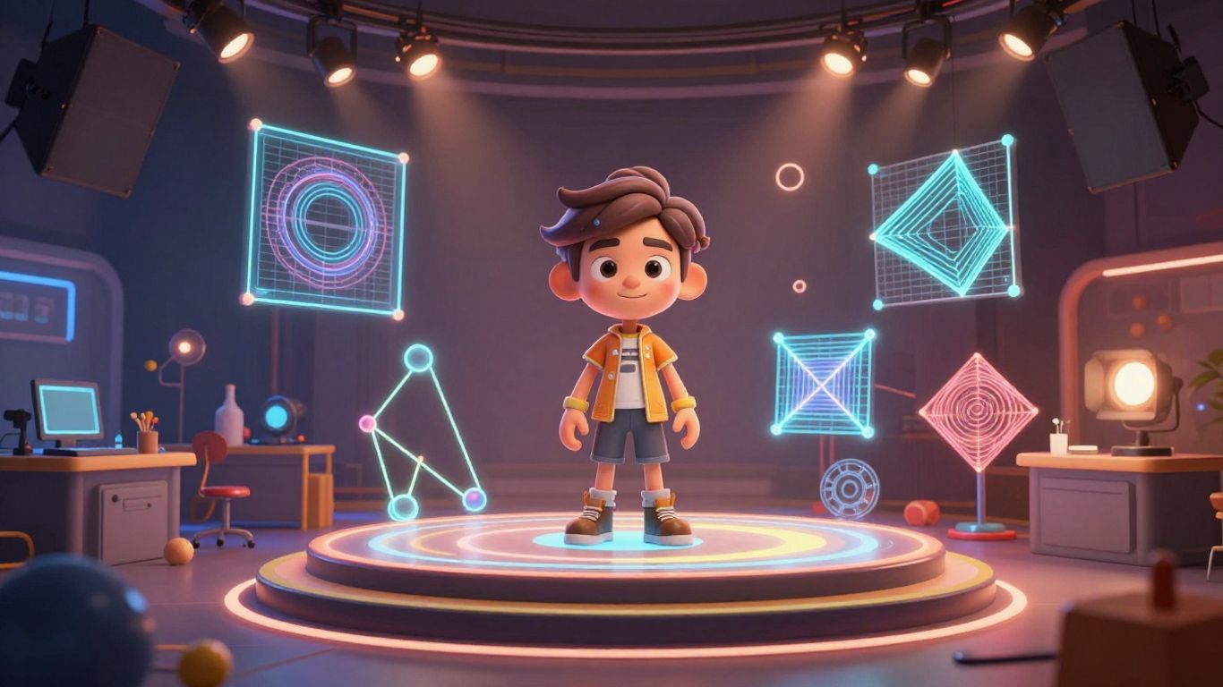 3D animation studio with character model and wireframes.