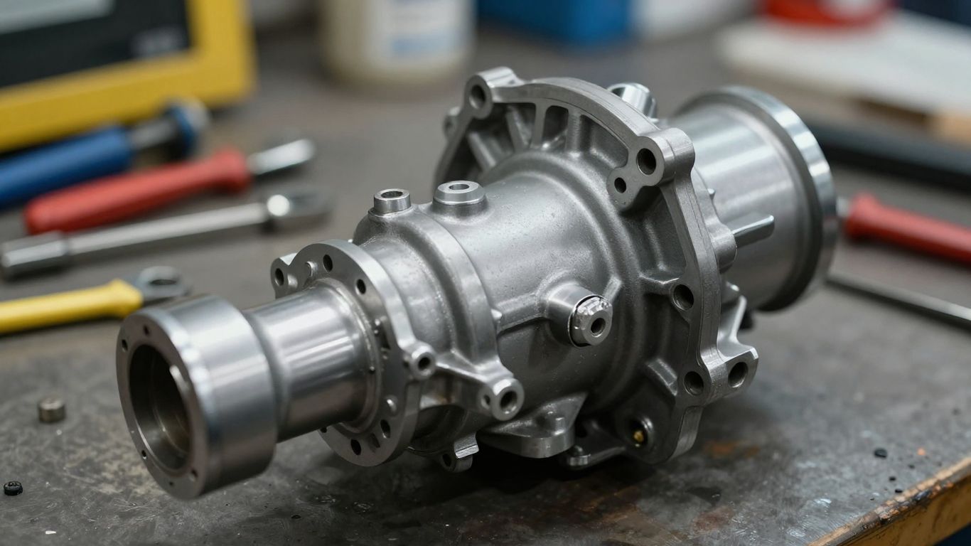 Used BMW transmission part on a workbench