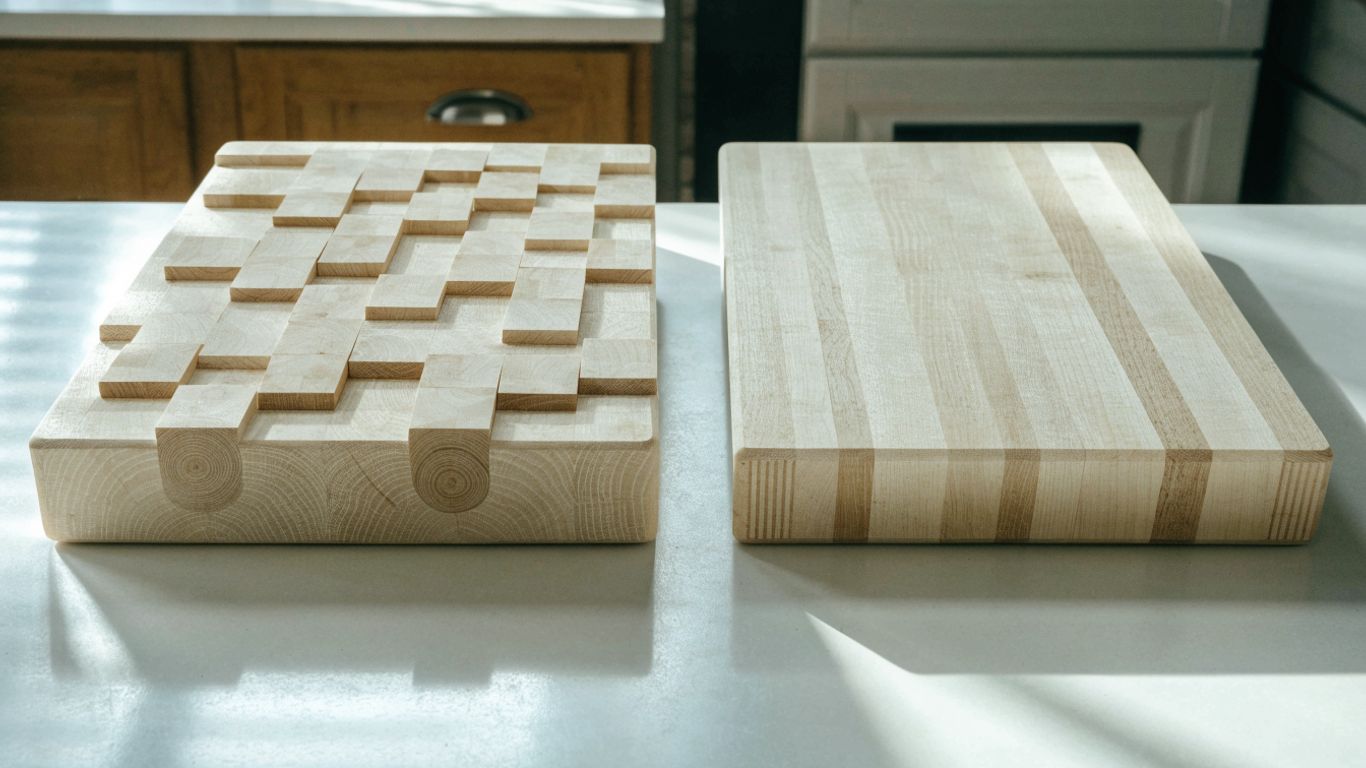 End-grain and edge-grain maple boards on a counter