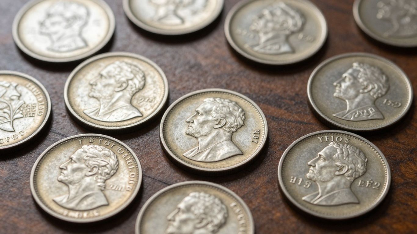 Collection of old coins with visible details.