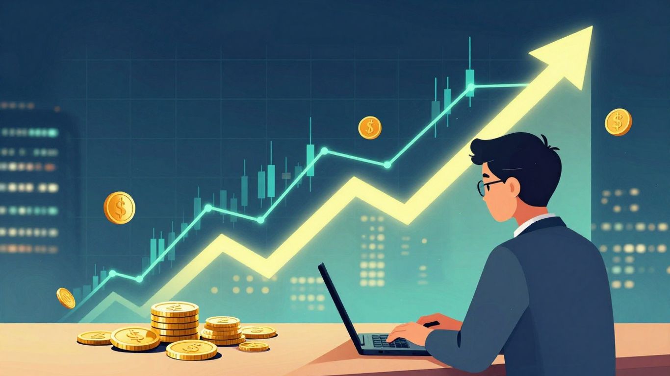 Beginner trader learning market dynamics with coins and city lights.