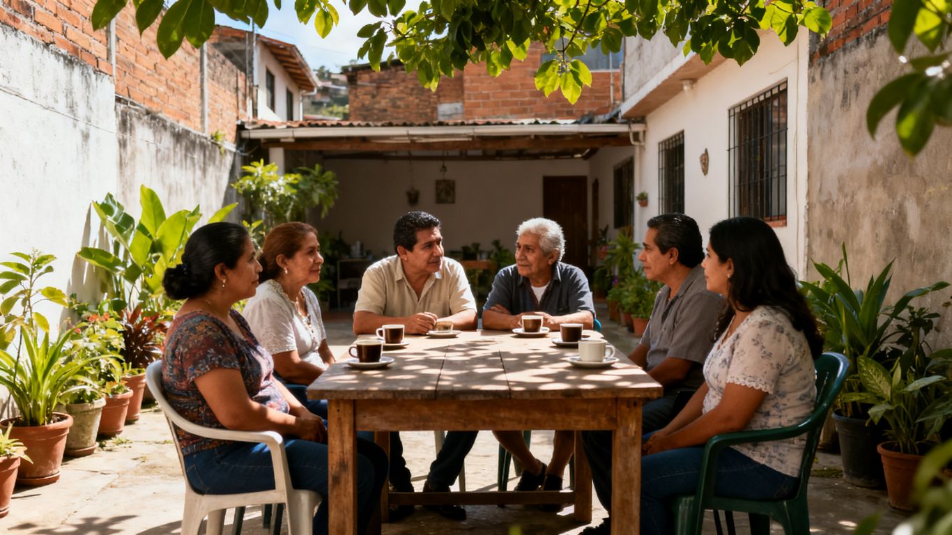 Neighbors sharing a relaxed conversation in Medellín
