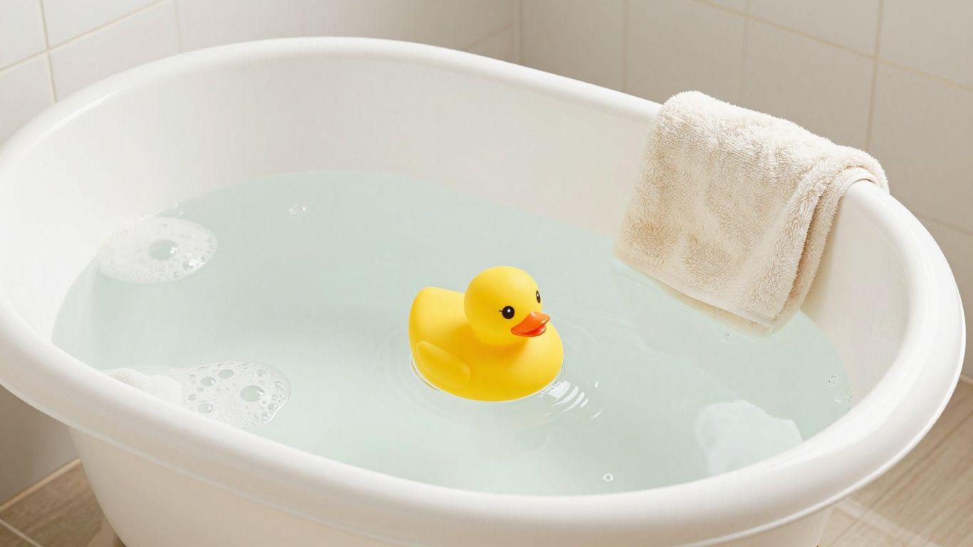 Bebé feliz en una bañera con juguetes.
