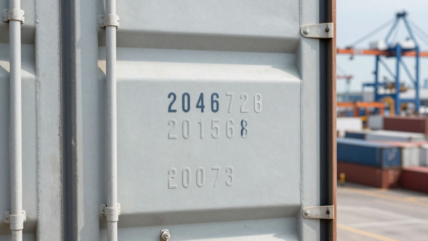 Close-up of a shipping container decal with HS code.