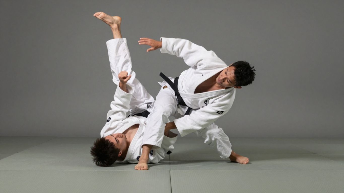 Practicant de judo executând o aruncare pe tatami.