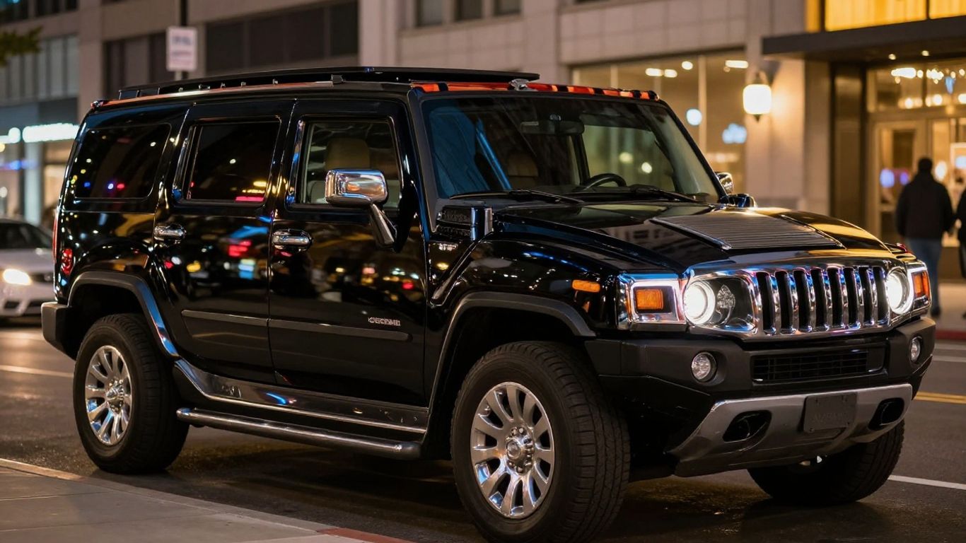 Black Hummer limousine parked on city street at night.