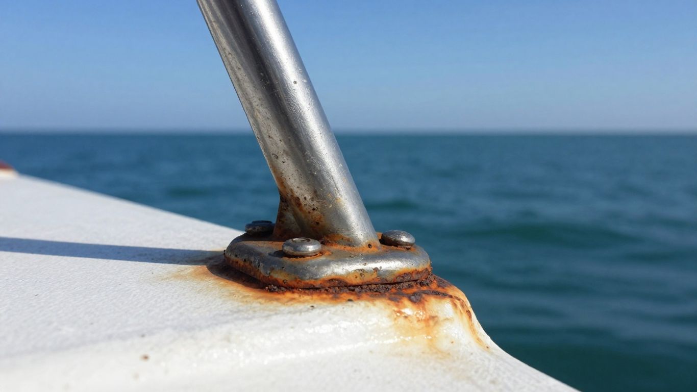 Corroded metal fasteners on a boat near the sea.