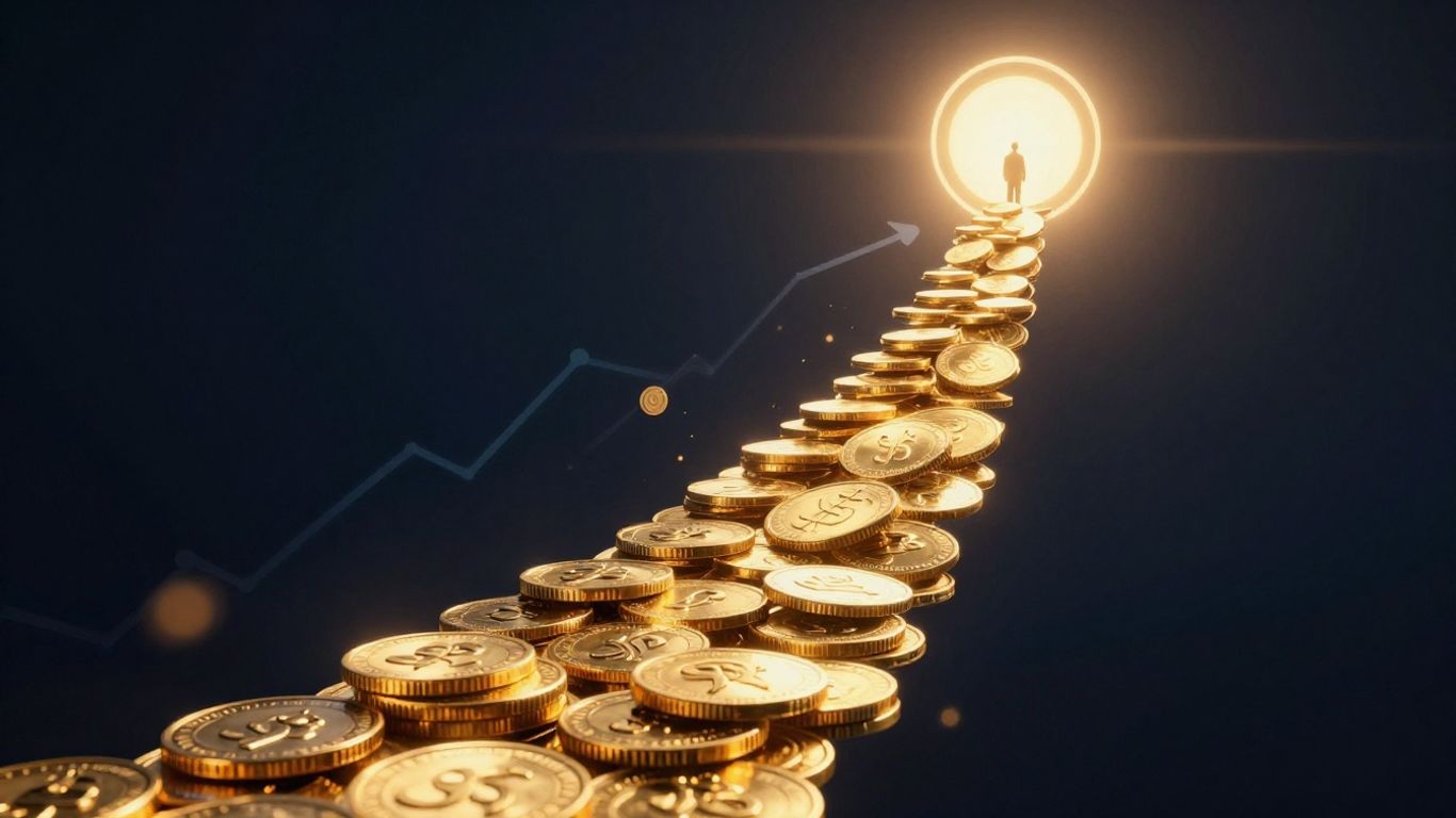 Sales funnel success with upward trending path and golden coins.