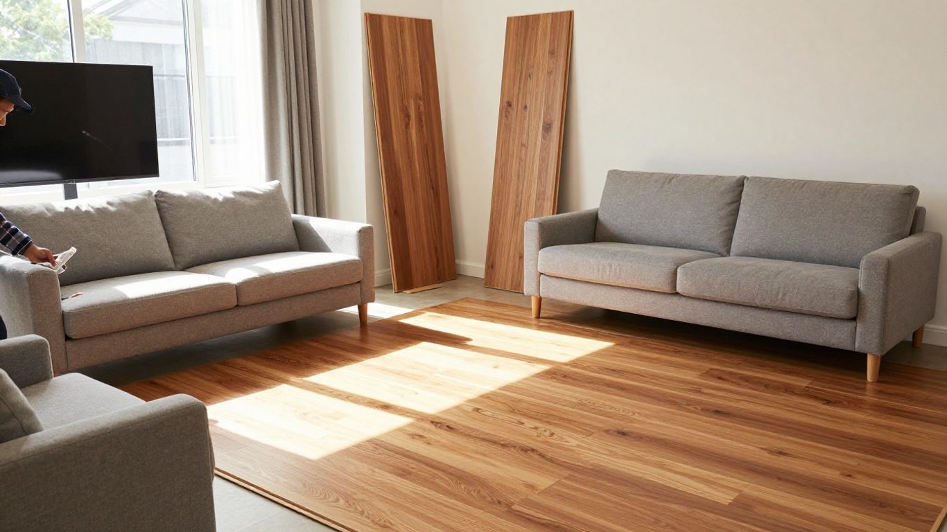 Modern living room with various flooring types and installation.
