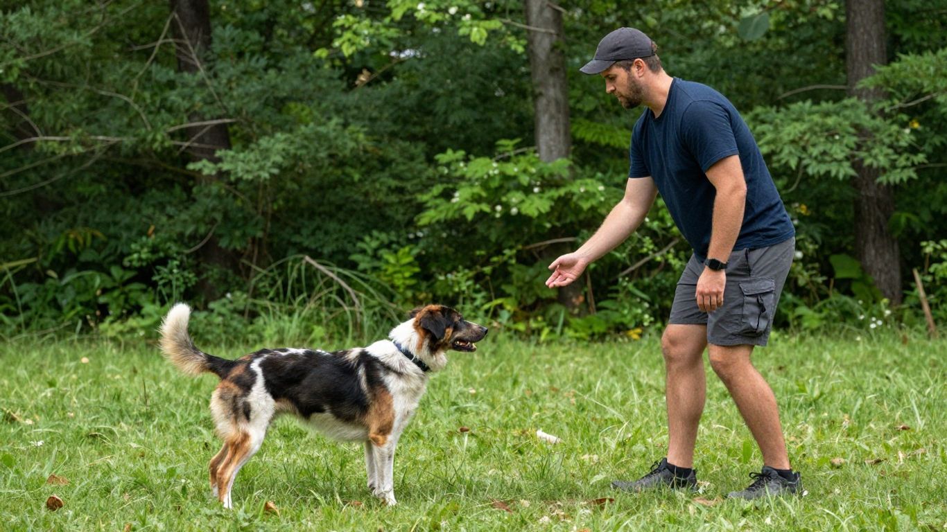 Professional dog training session in a natural outdoor setting.