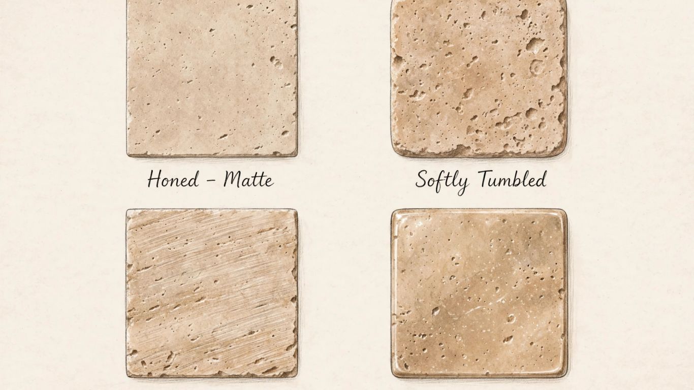 Honed and tumbled travertine finish details