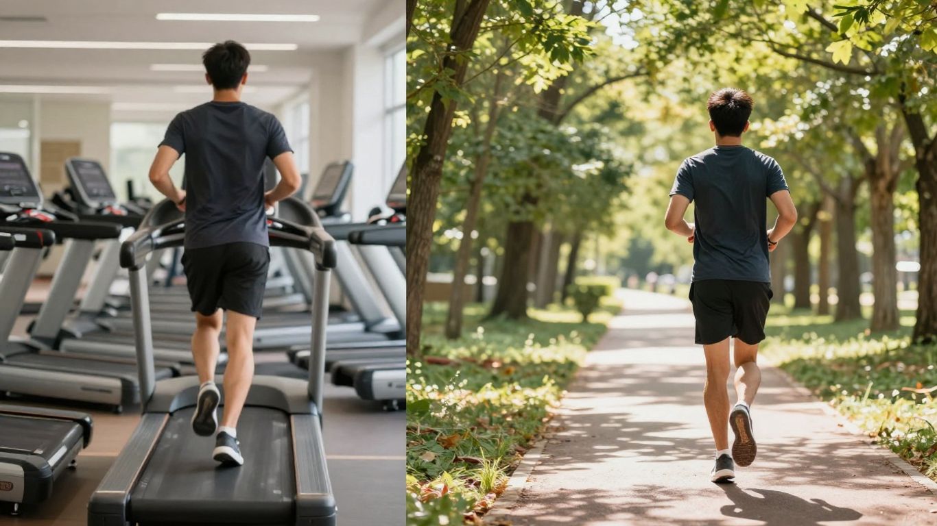 Treadmill runner versus outdoor runner on a scenic path.