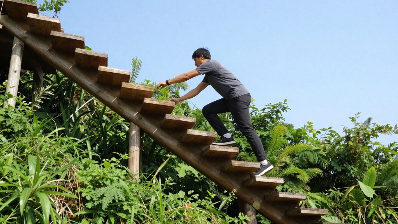 Person climbing a ladder of stacked wooden platforms.
