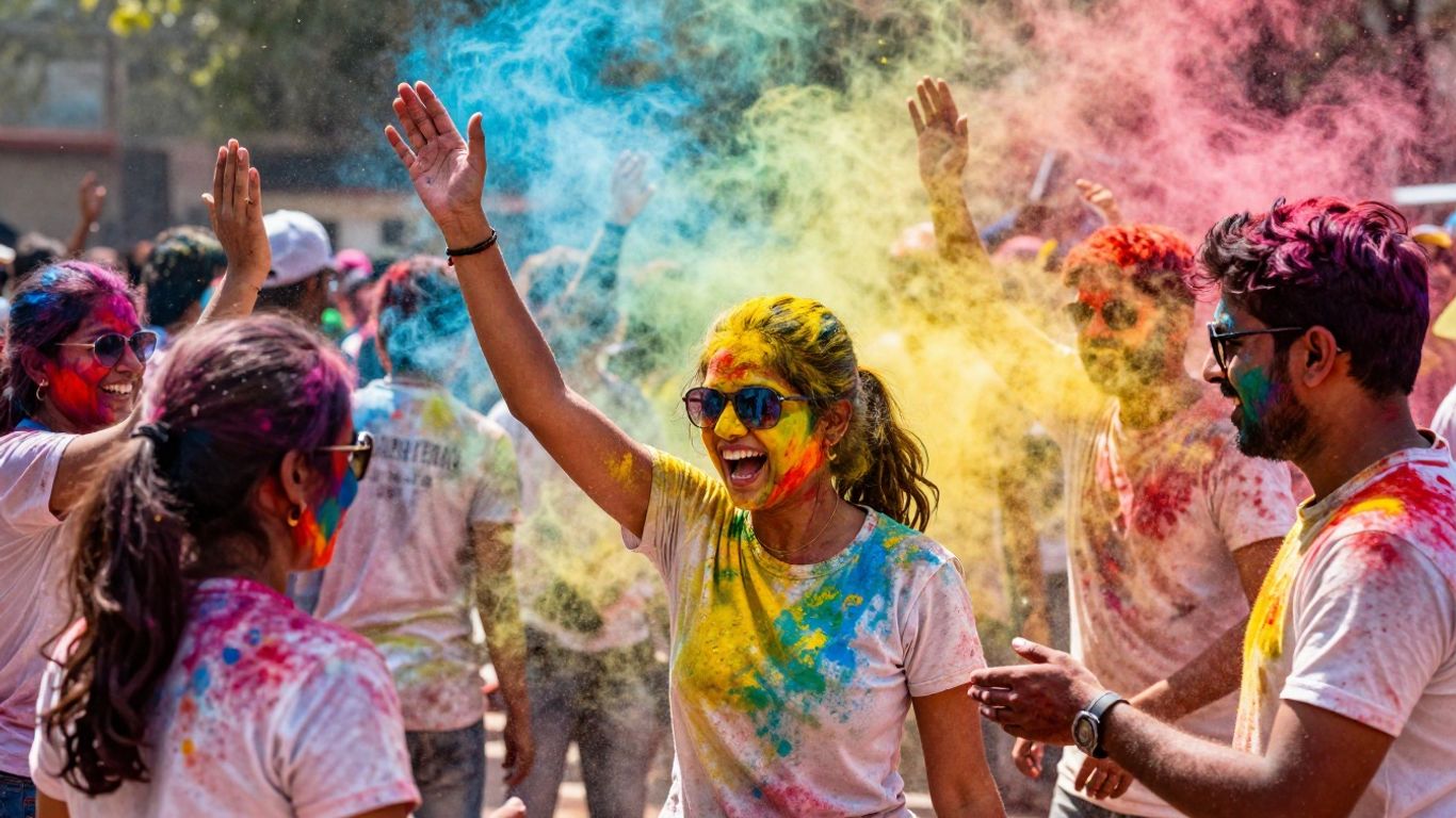 People celebrating Holi with colorful powders.