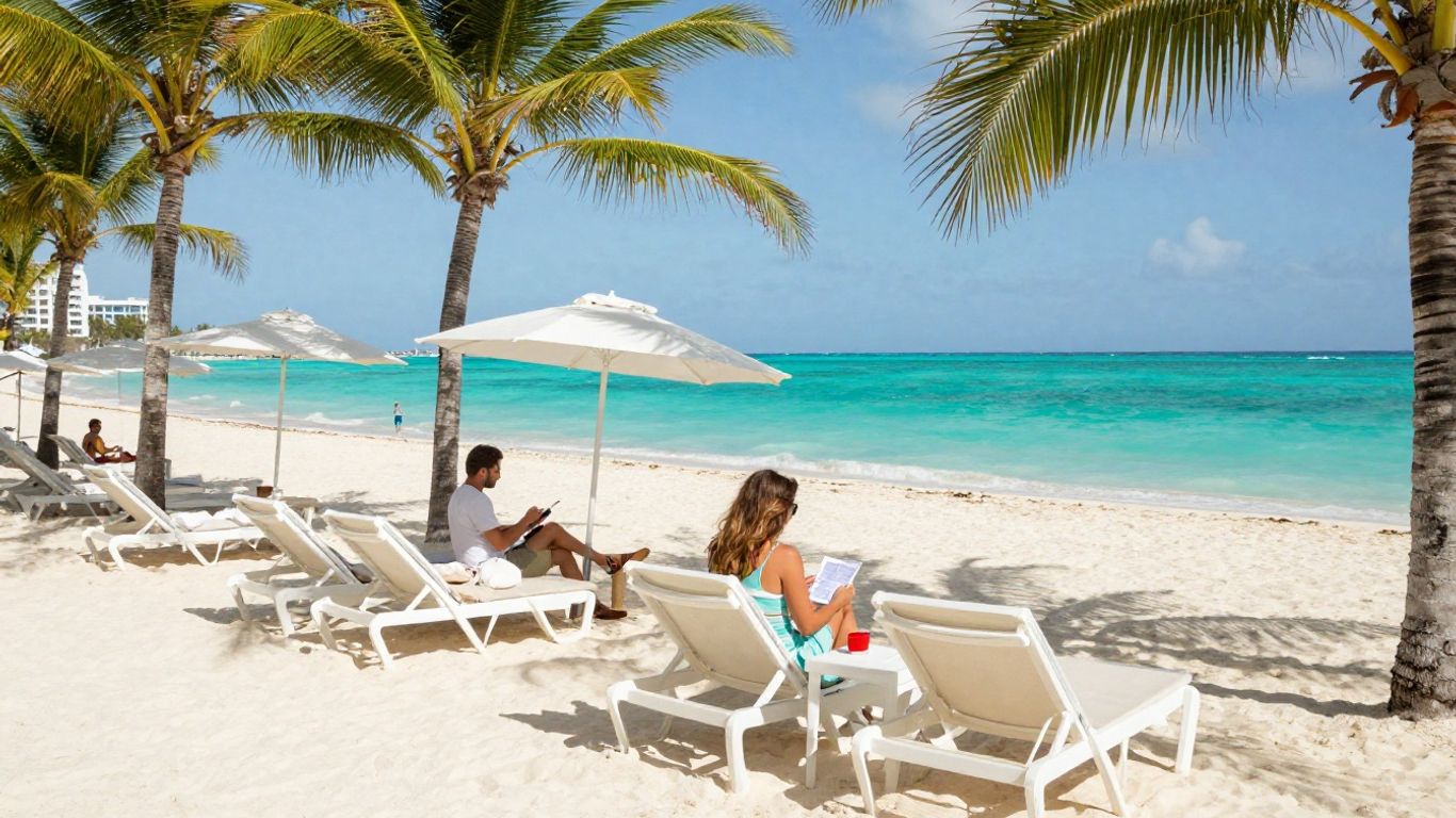 Cancun resort beach with travel planning details