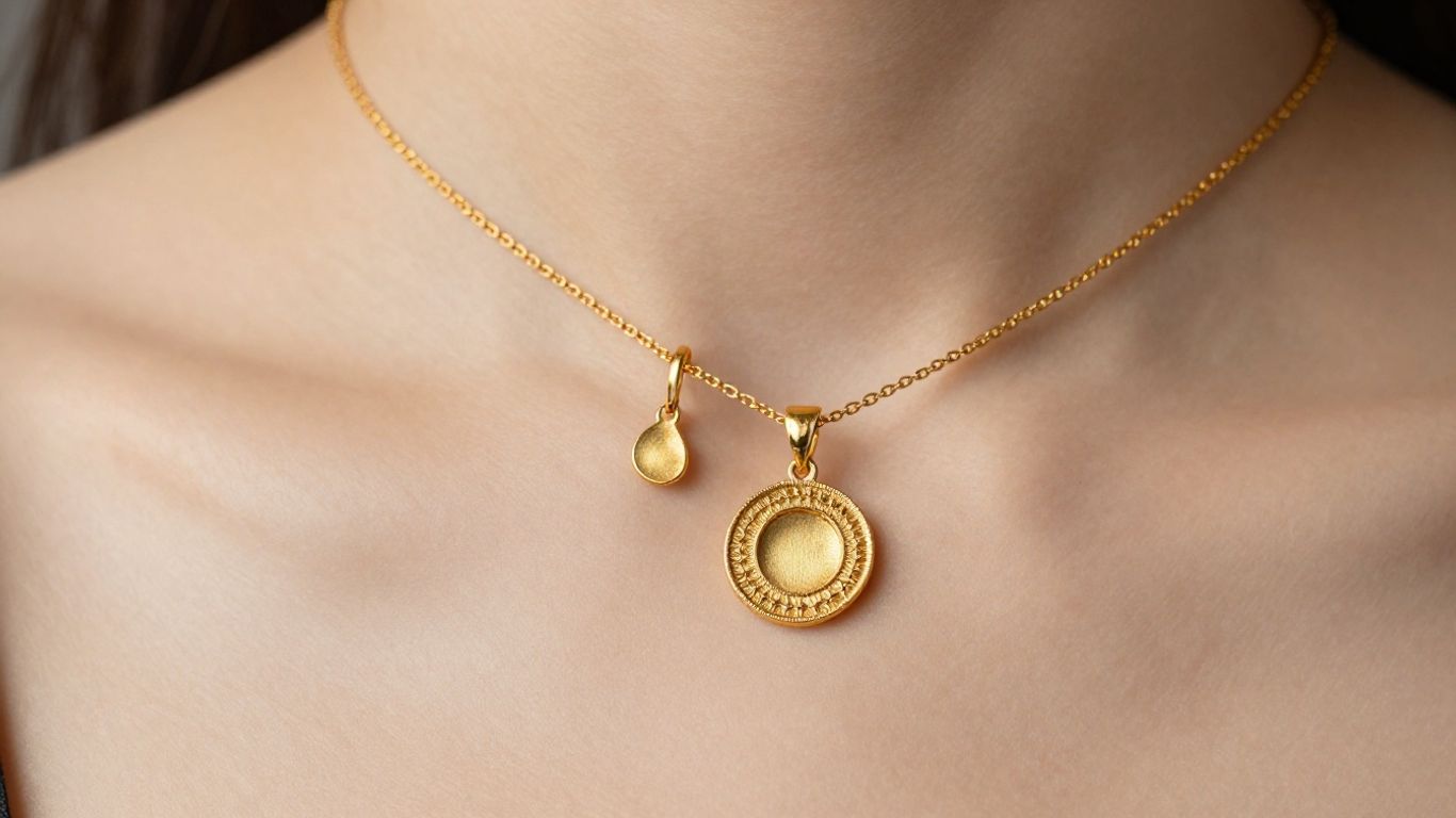 Elegant gold necklace and earrings with subtle sheen.