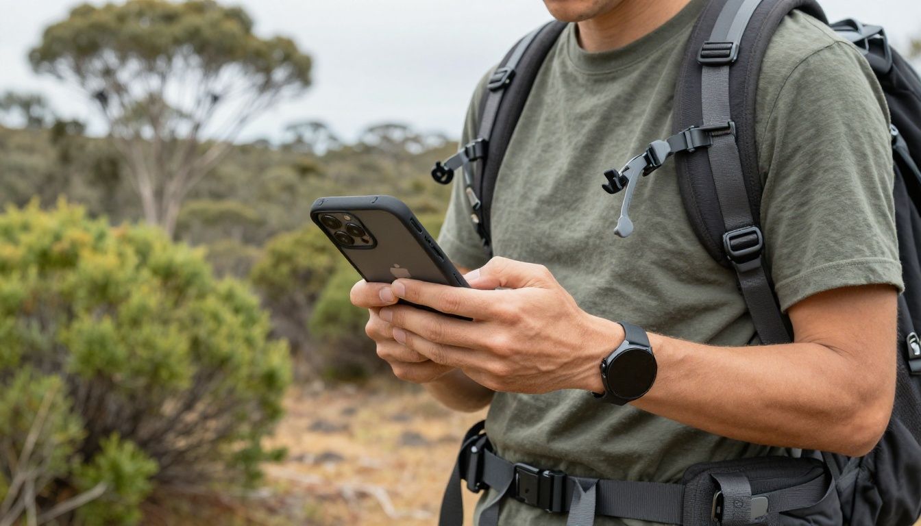 A person in hiking gear checking their phone, which is in a sturdy case, with a scenic Australian bush background.
