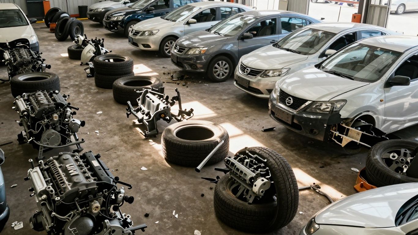 Nissan car parts in a wrecking yard.