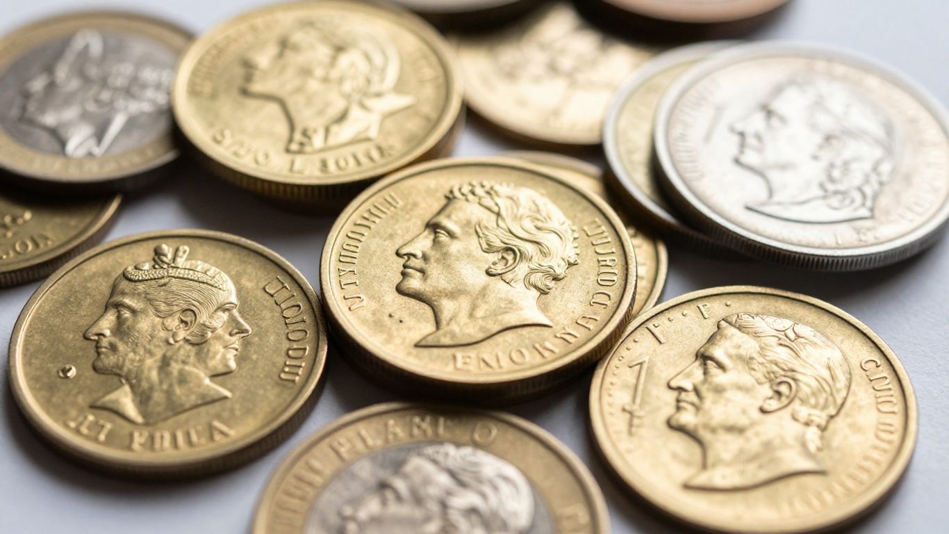 Assortment of gold and silver coins.