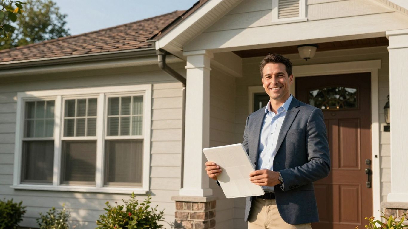 Roofing salesperson at a front door with sample.